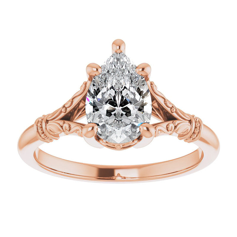 Pear Split Shank Moissanite Engagement Ring with Scroll Accents