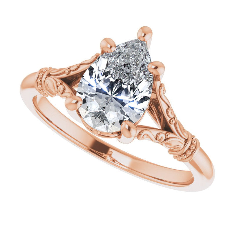Pear Split Shank Moissanite Engagement Ring with Scroll Accents