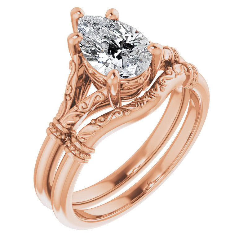 Pear Split Shank Moissanite Engagement Ring with Scroll Accents