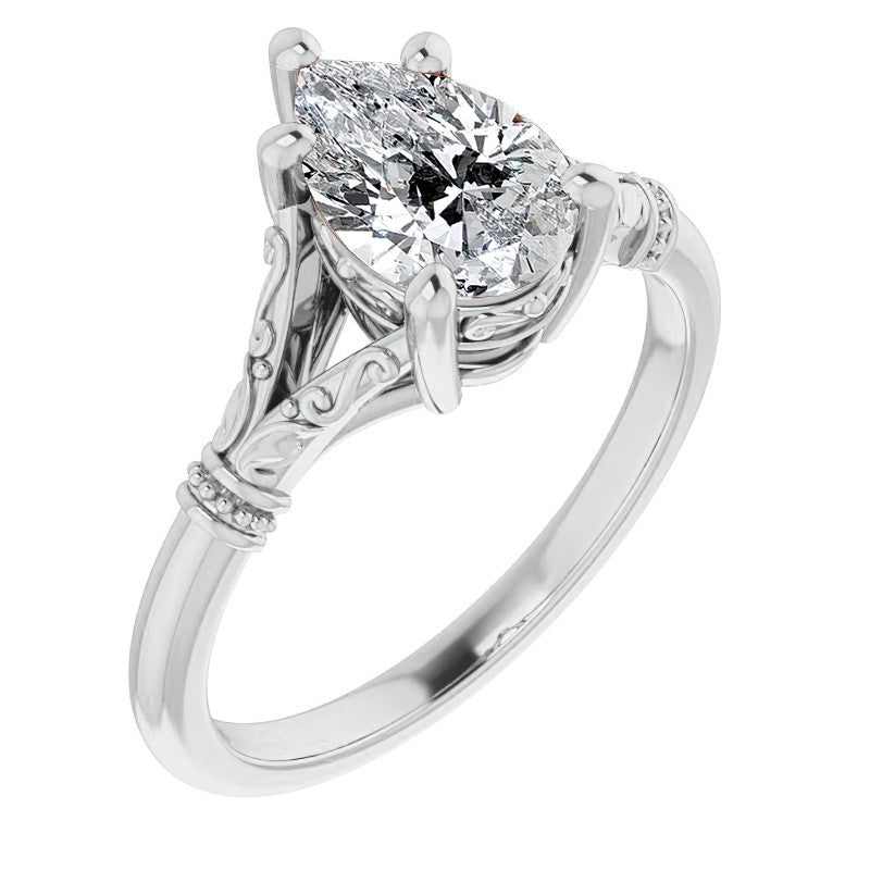 Pear Split Shank Moissanite Engagement Ring with Scroll Accents