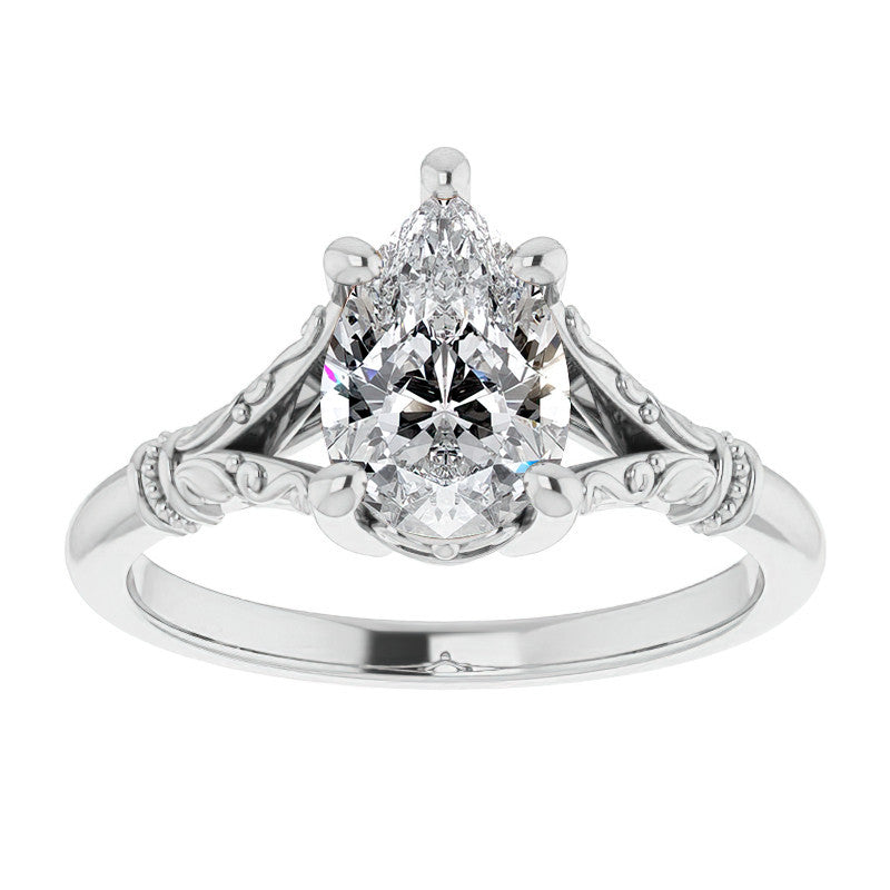 Pear Split Shank Moissanite Engagement Ring with Scroll Accents
