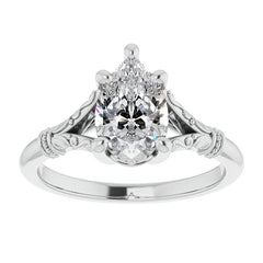 Pear Split Shank Moissanite Engagement Ring with Scroll Accents