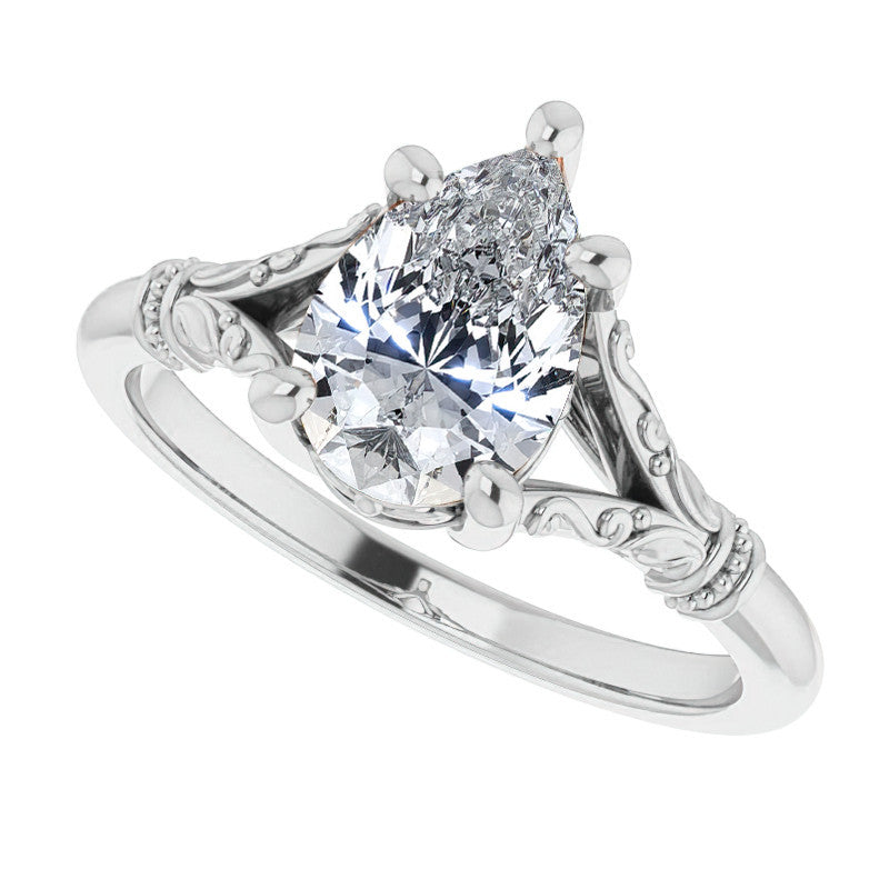 Pear Split Shank Moissanite Engagement Ring with Scroll Accents