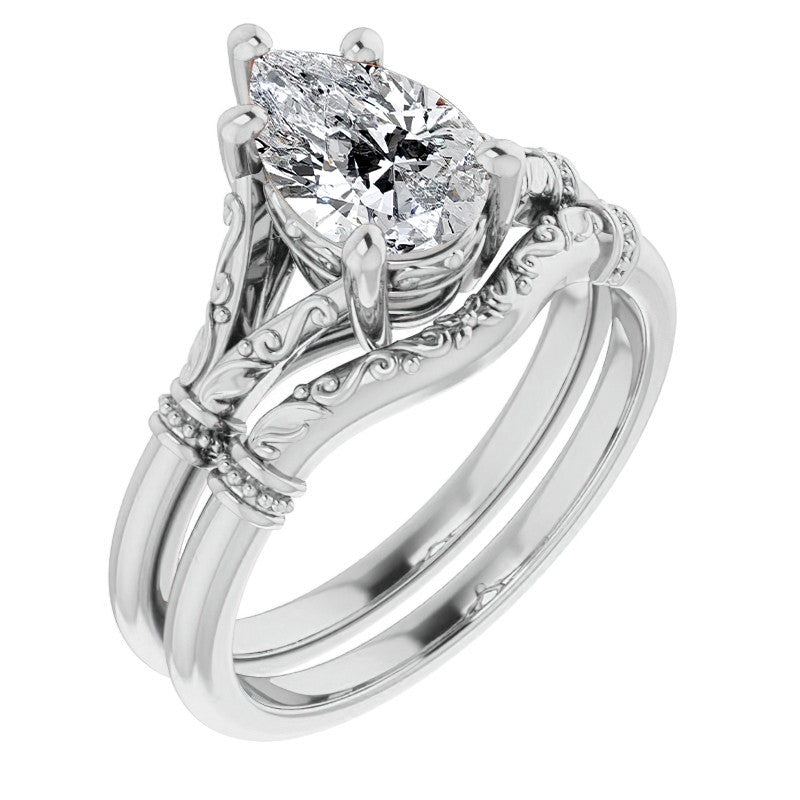 Pear Split Shank Moissanite Engagement Ring with Scroll Accents