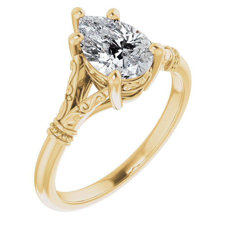 Pear Split Shank Moissanite Engagement Ring with Scroll Accents