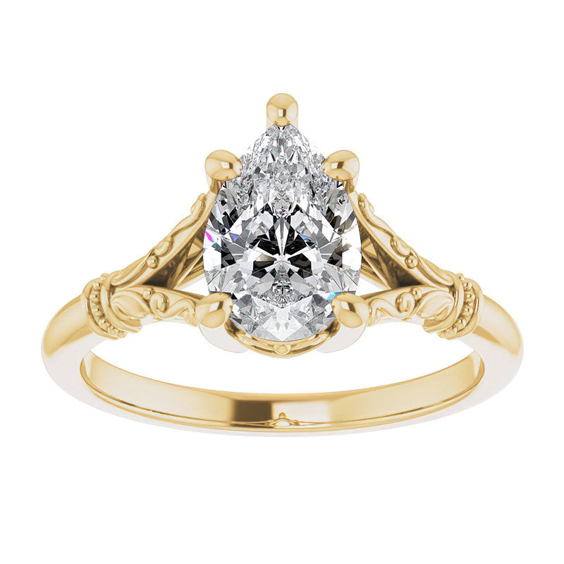 Pear Split Shank Moissanite Engagement Ring with Scroll Accents