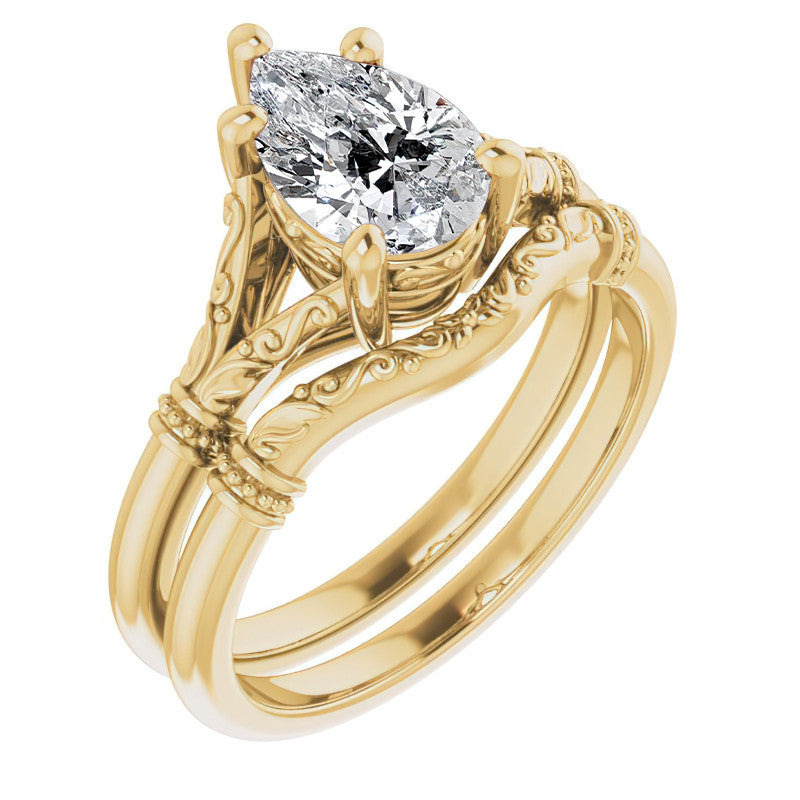 Pear Split Shank Moissanite Engagement Ring with Scroll Accents
