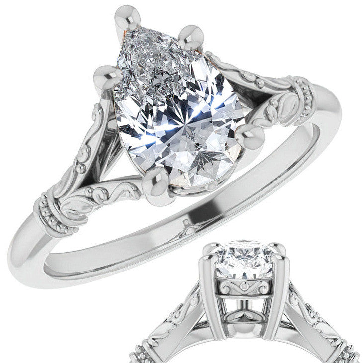 Pear Split Shank Moissanite Engagement Ring with Scroll Accents