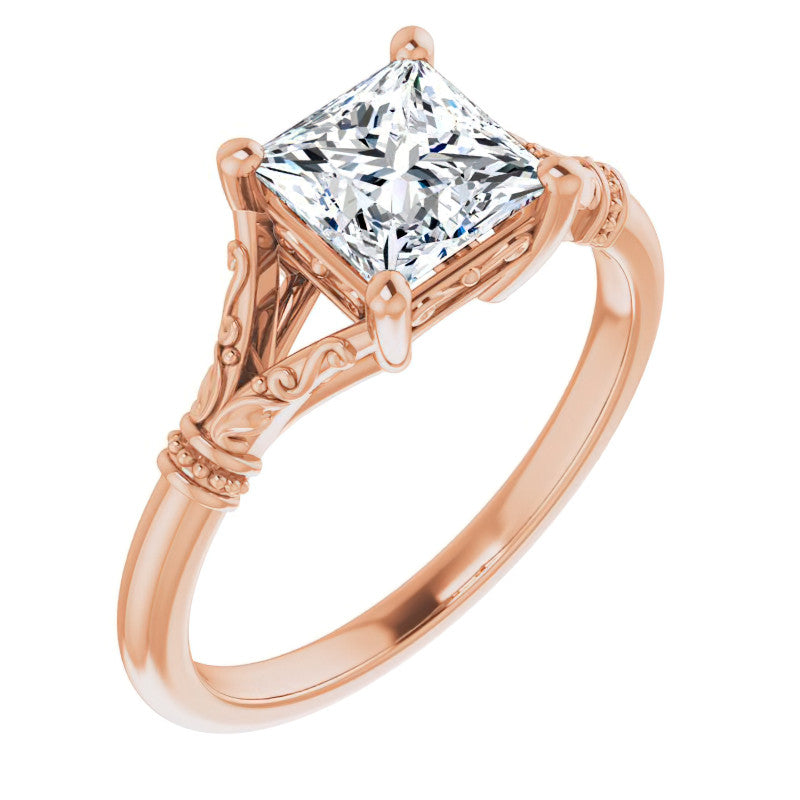 Princess Split Shank Moissanite Engagement Ring with Scroll Accents