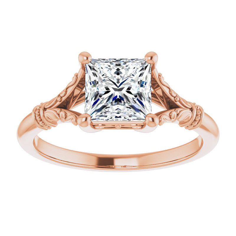 Princess Split Shank Moissanite Engagement Ring with Scroll Accents