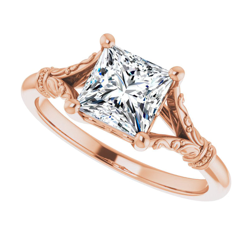 Princess Split Shank Moissanite Engagement Ring with Scroll Accents