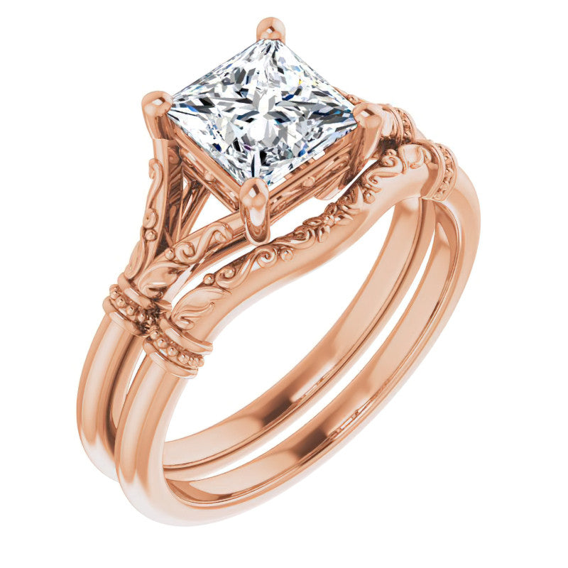 Princess Split Shank Moissanite Engagement Ring with Scroll Accents