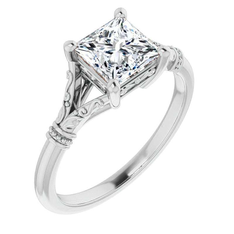 Princess Split Shank Moissanite Engagement Ring with Scroll Accents