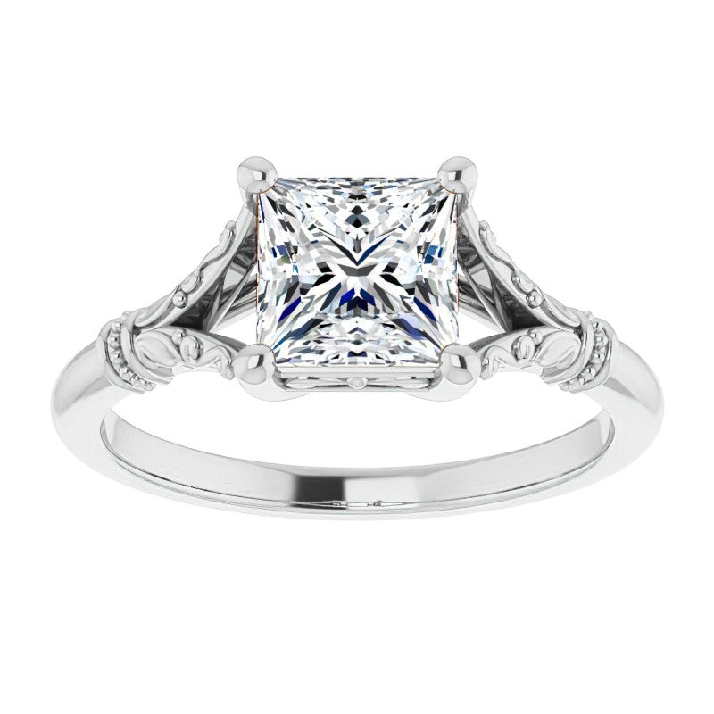 Princess Split Shank Moissanite Engagement Ring with Scroll Accents