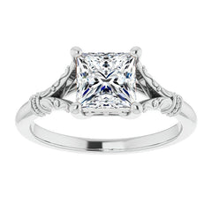 Princess Split Shank Moissanite Engagement Ring with Scroll Accents