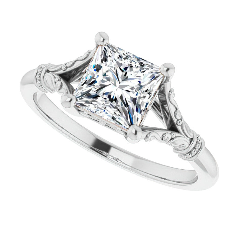 Princess Split Shank Moissanite Engagement Ring with Scroll Accents