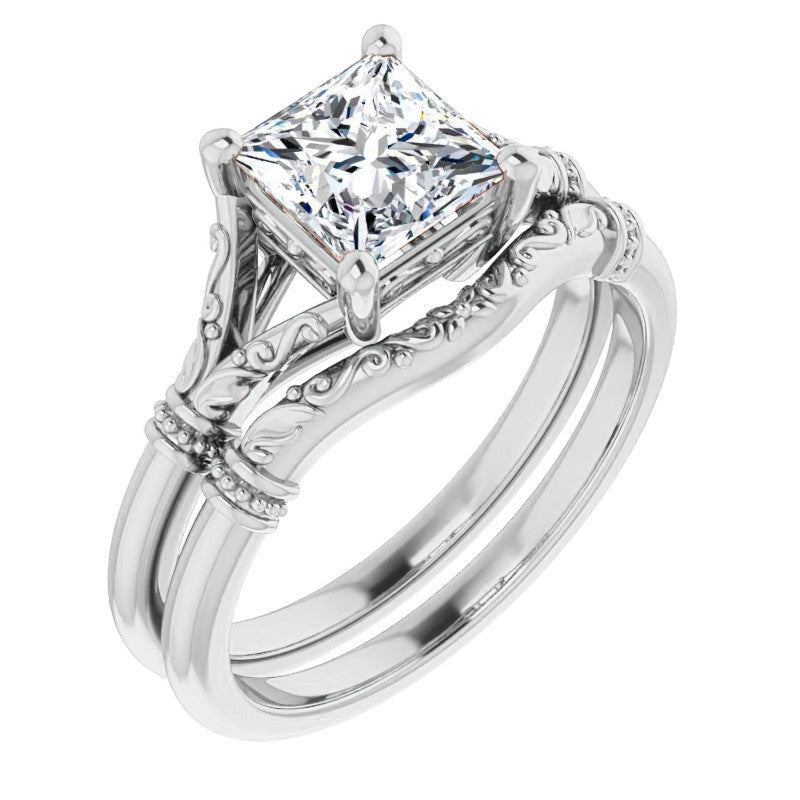 Princess Split Shank Moissanite Engagement Ring with Scroll Accents