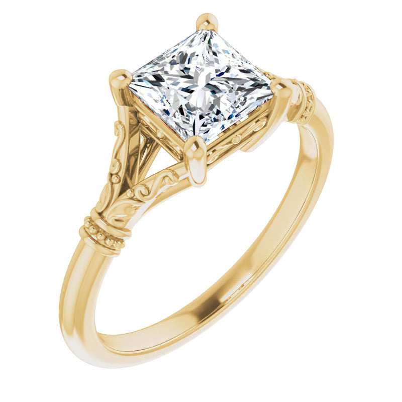 Princess Split Shank Moissanite Engagement Ring with Scroll Accents