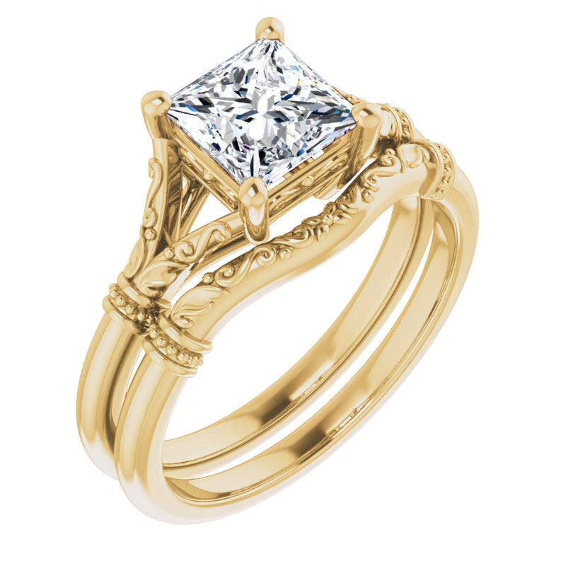 Princess Split Shank Moissanite Engagement Ring with Scroll Accents