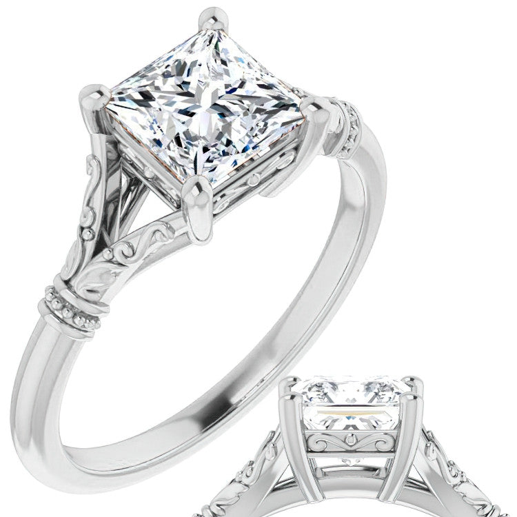Princess Split Shank Moissanite Engagement Ring with Scroll Accents
