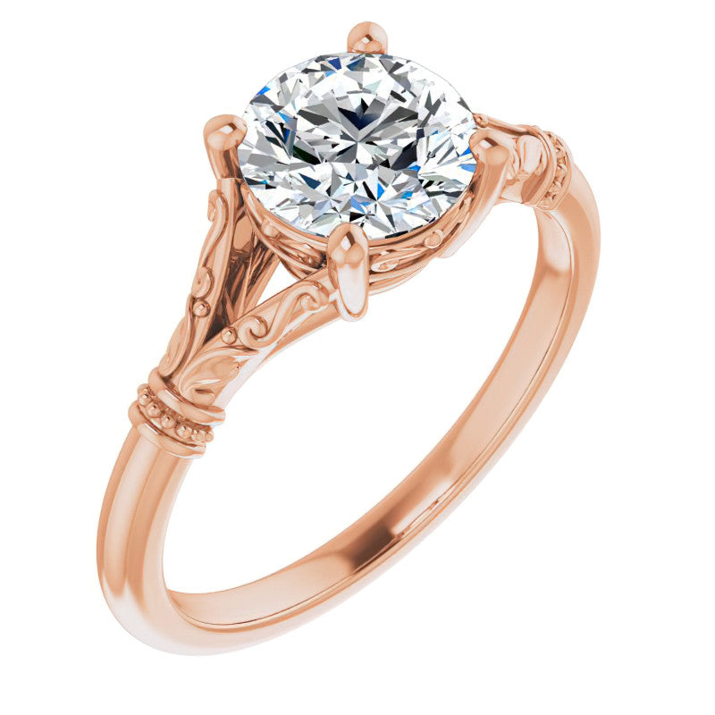 Round Split Shank Moissanite Engagement Ring with Scroll Accents