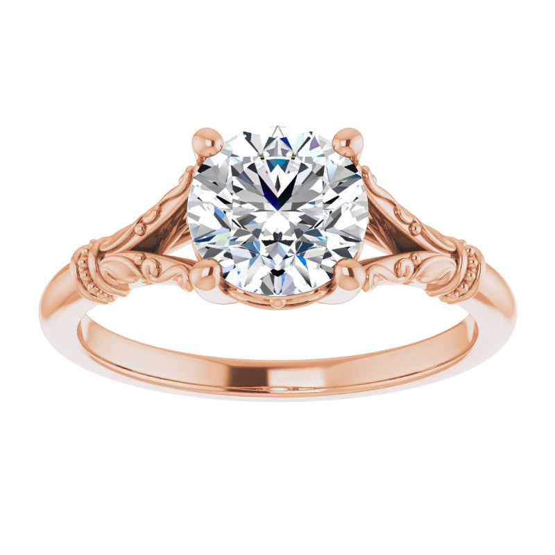 Round Split Shank Moissanite Engagement Ring with Scroll Accents