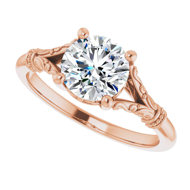 Round Split Shank Moissanite Engagement Ring with Scroll Accents