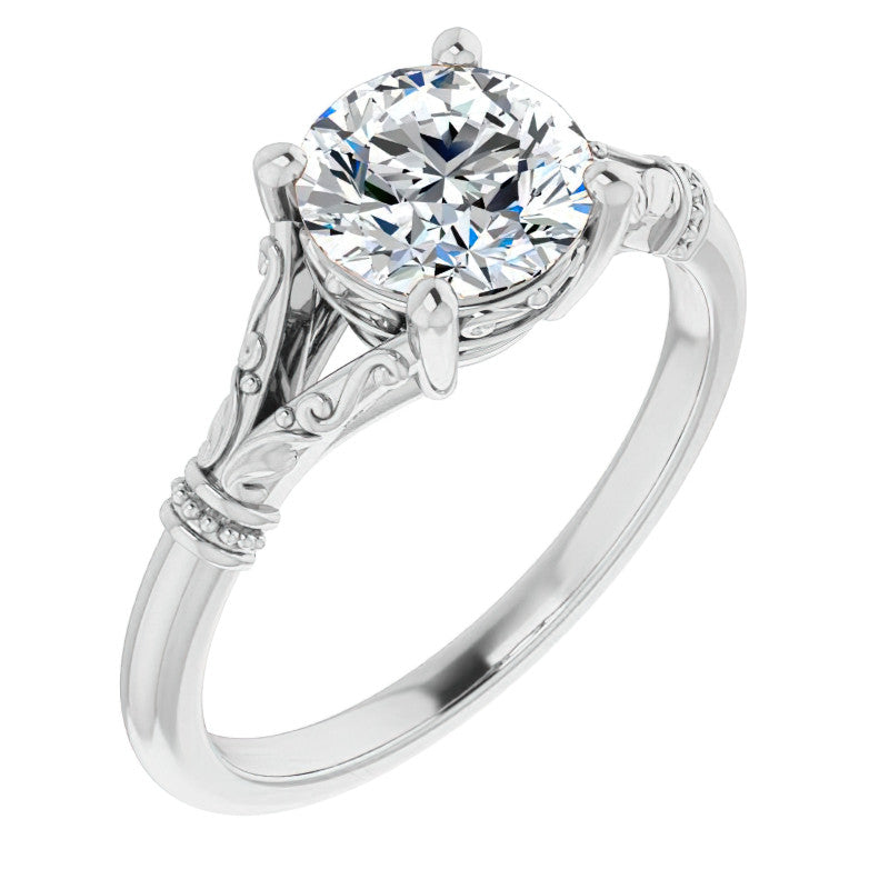 Round Split Shank Moissanite Engagement Ring with Scroll Accents