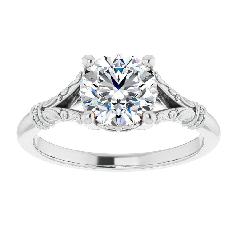 Round Split Shank Moissanite Engagement Ring with Scroll Accents