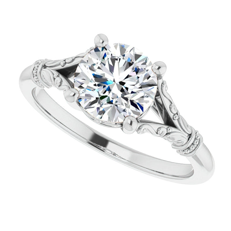 Round Split Shank Moissanite Engagement Ring with Scroll Accents