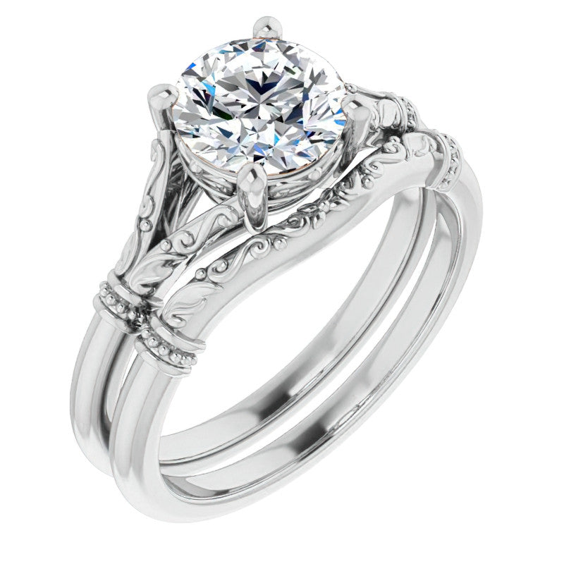 Round Split Shank Moissanite Engagement Ring with Scroll Accents