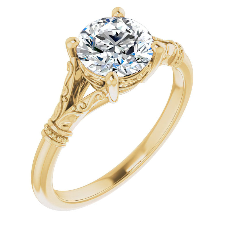 Round Split Shank Moissanite Engagement Ring with Scroll Accents