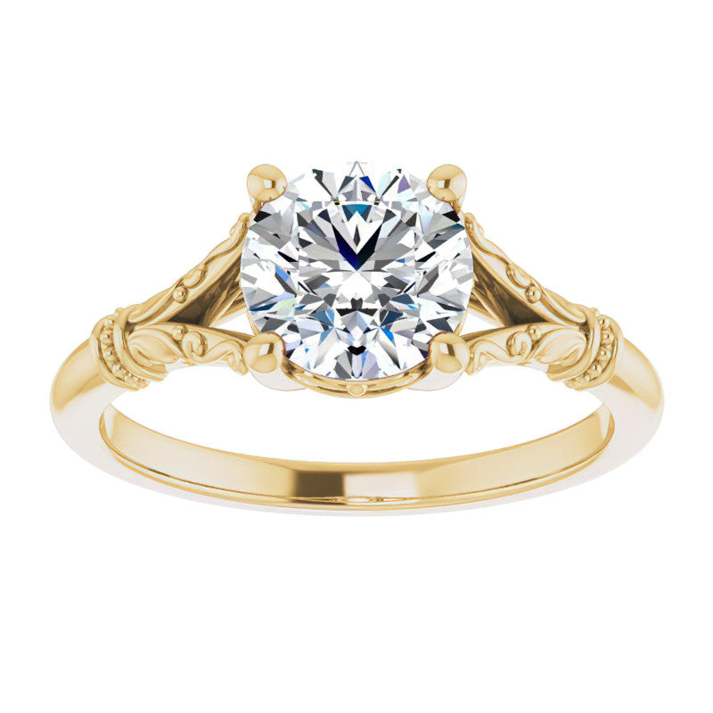 Round Split Shank Moissanite Engagement Ring with Scroll Accents