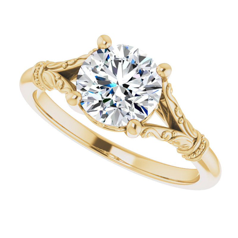 Round Split Shank Moissanite Engagement Ring with Scroll Accents