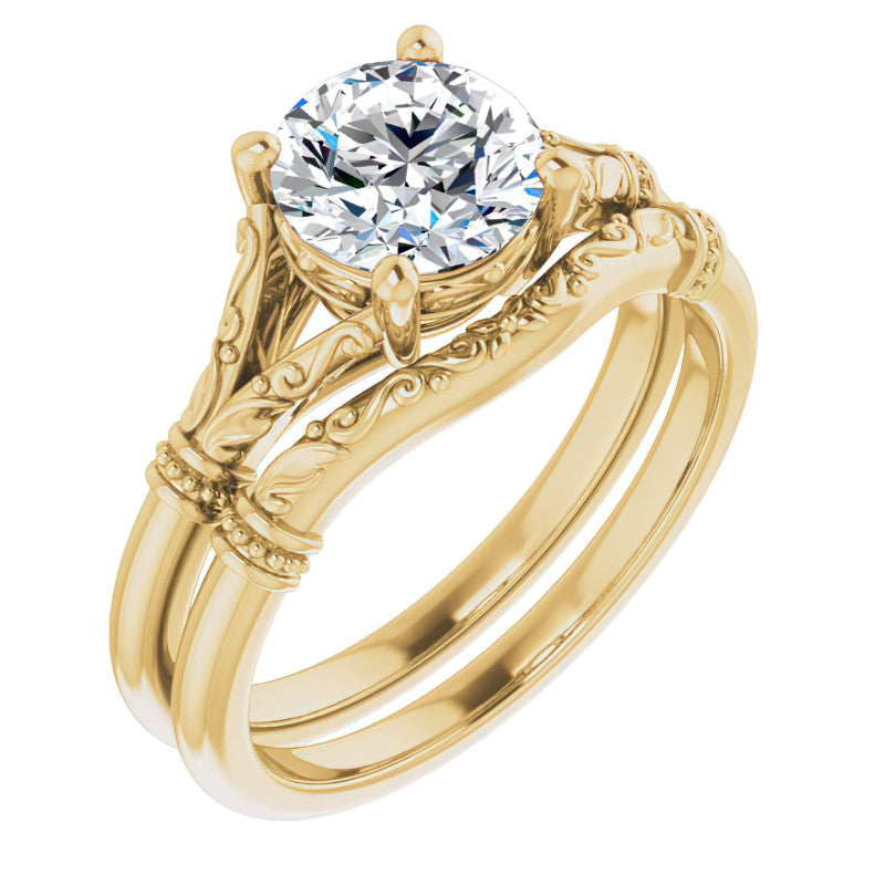Round Split Shank Moissanite Engagement Ring with Scroll Accents