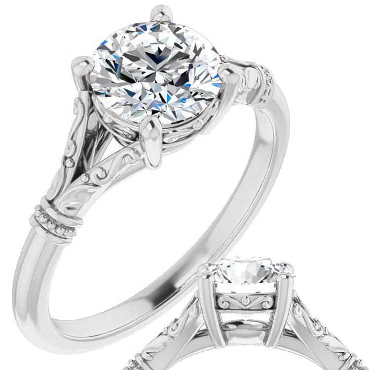 Round Split Shank Moissanite Engagement Ring with Scroll Accents