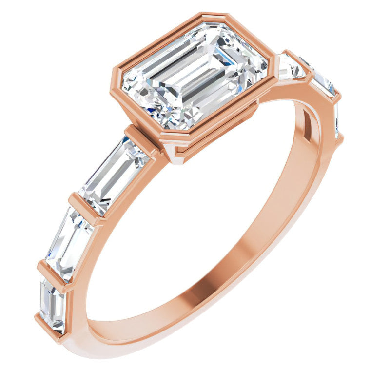 East-West Emerald / Radiant and Baguette Moissanite Engagement Ring