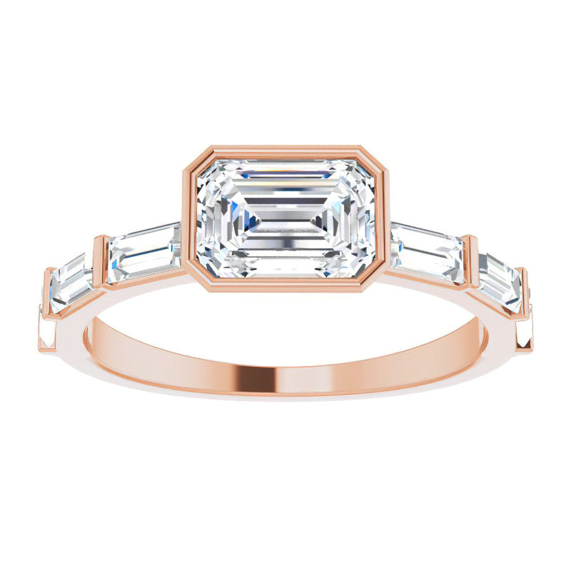 East-West Emerald / Radiant and Baguette Moissanite Engagement Ring