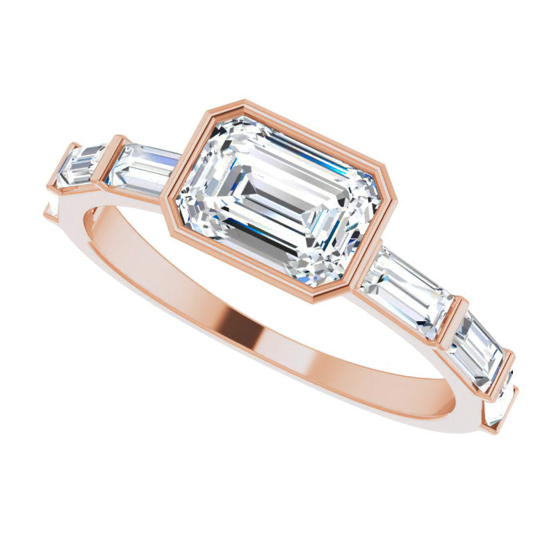 East-West Emerald / Radiant and Baguette Moissanite Engagement Ring