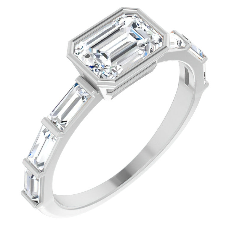 East-West Emerald / Radiant and Baguette Moissanite Engagement Ring