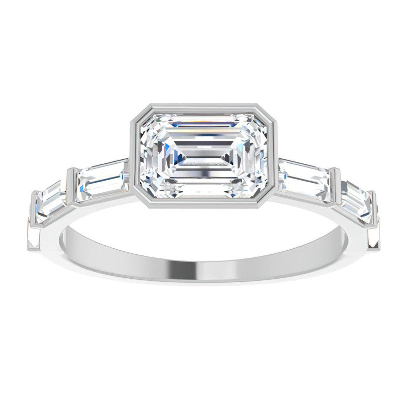 East-West Emerald / Radiant and Baguette Moissanite Engagement Ring