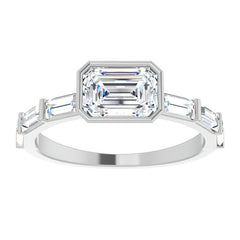 East-West Emerald / Radiant and Baguette Moissanite Engagement Ring