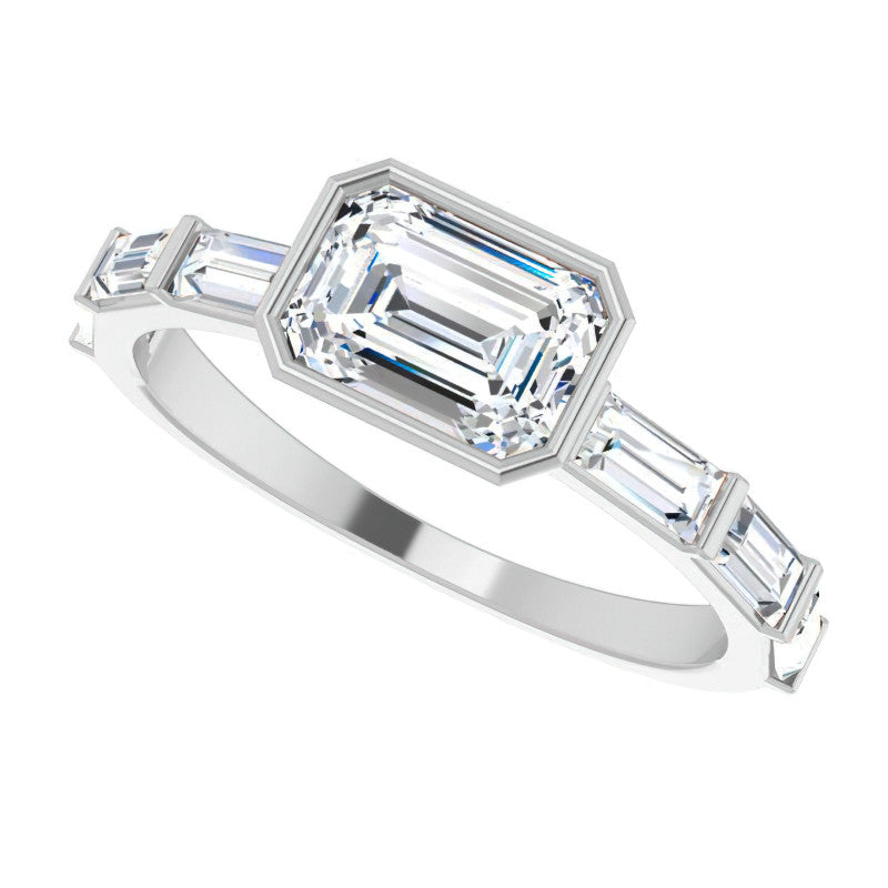 East-West Emerald / Radiant and Baguette Moissanite Engagement Ring