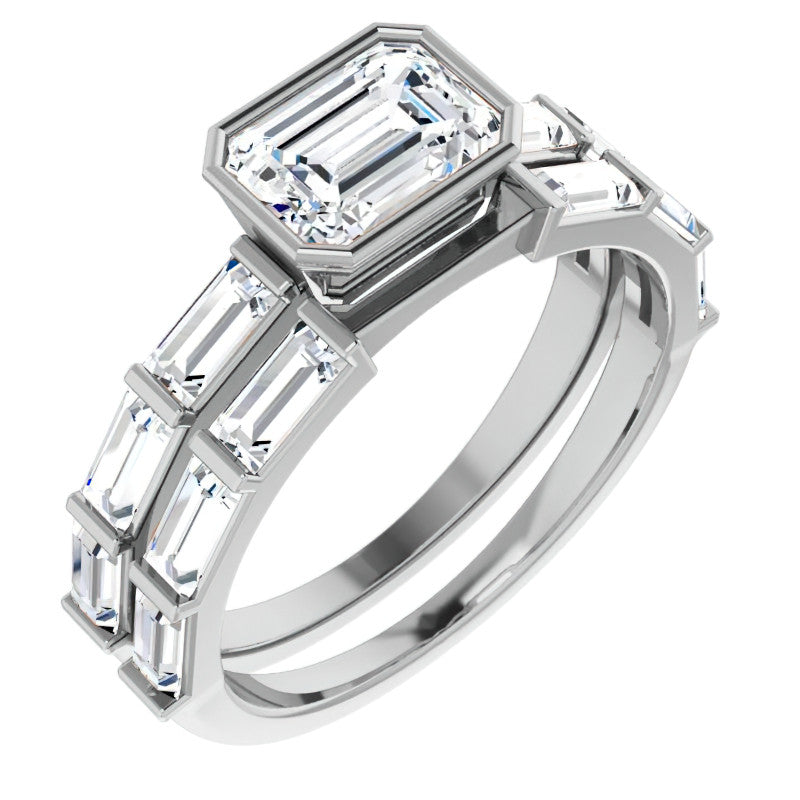 East-West Emerald / Radiant and Baguette Moissanite Engagement Ring
