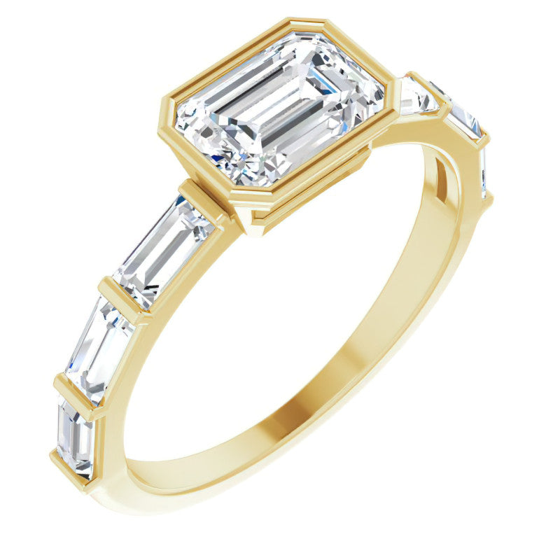 East-West Emerald / Radiant and Baguette Moissanite Engagement Ring