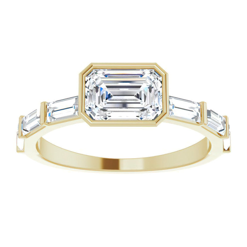 East-West Emerald / Radiant and Baguette Moissanite Engagement Ring