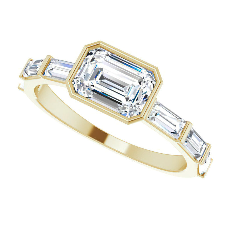East-West Emerald / Radiant and Baguette Moissanite Engagement Ring