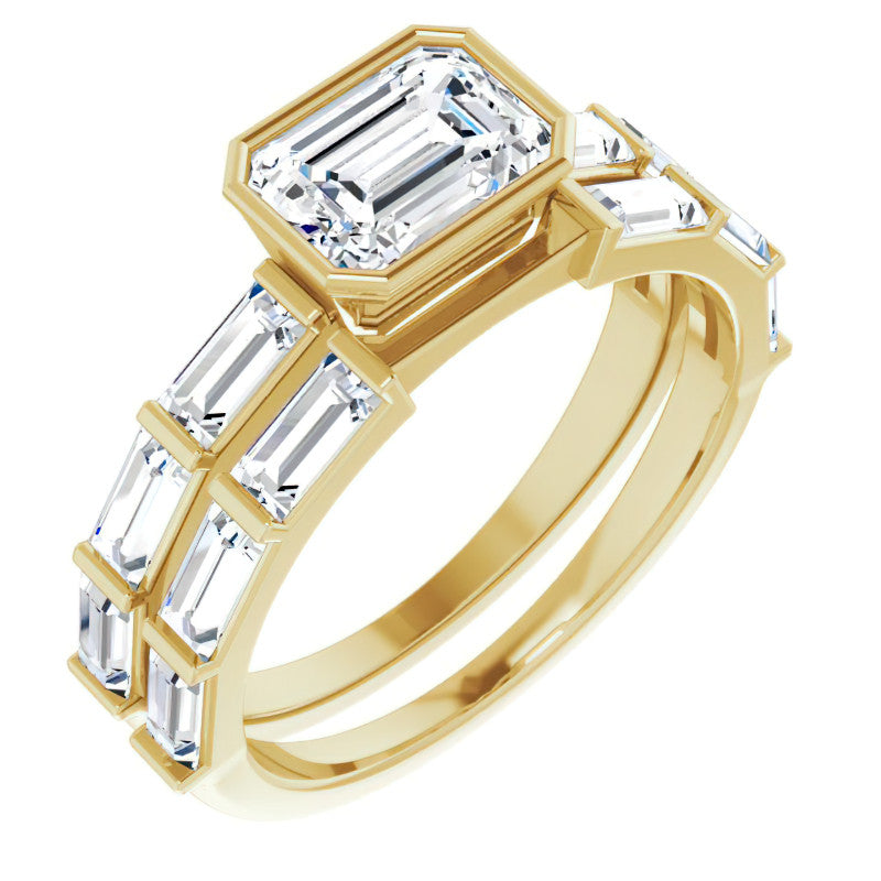 East-West Emerald / Radiant and Baguette Moissanite Engagement Ring