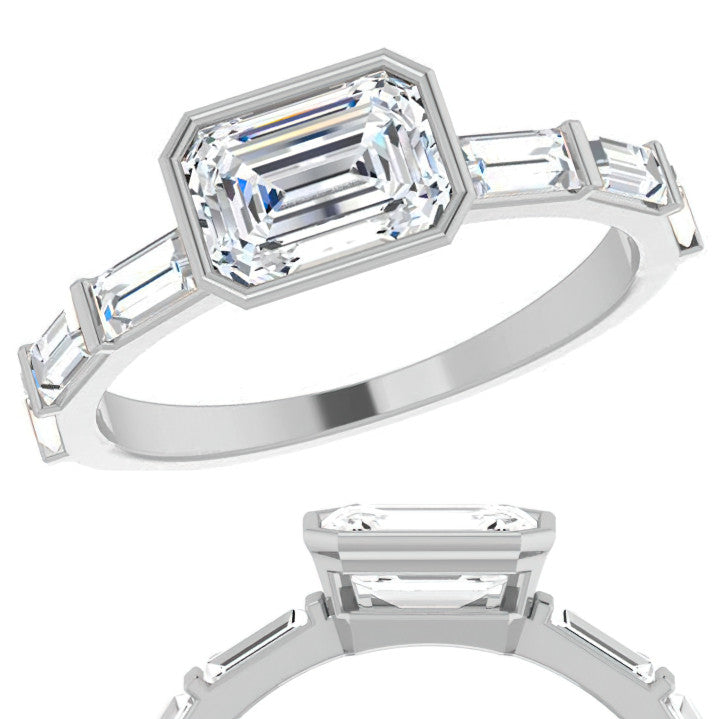 East-West Emerald / Radiant and Baguette Moissanite Engagement Ring