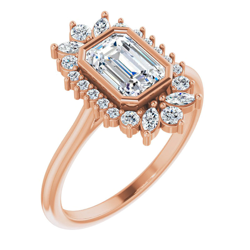 Bezel Set Emerald / Radiant Halo Moissanite Cathedral Engagement Ring